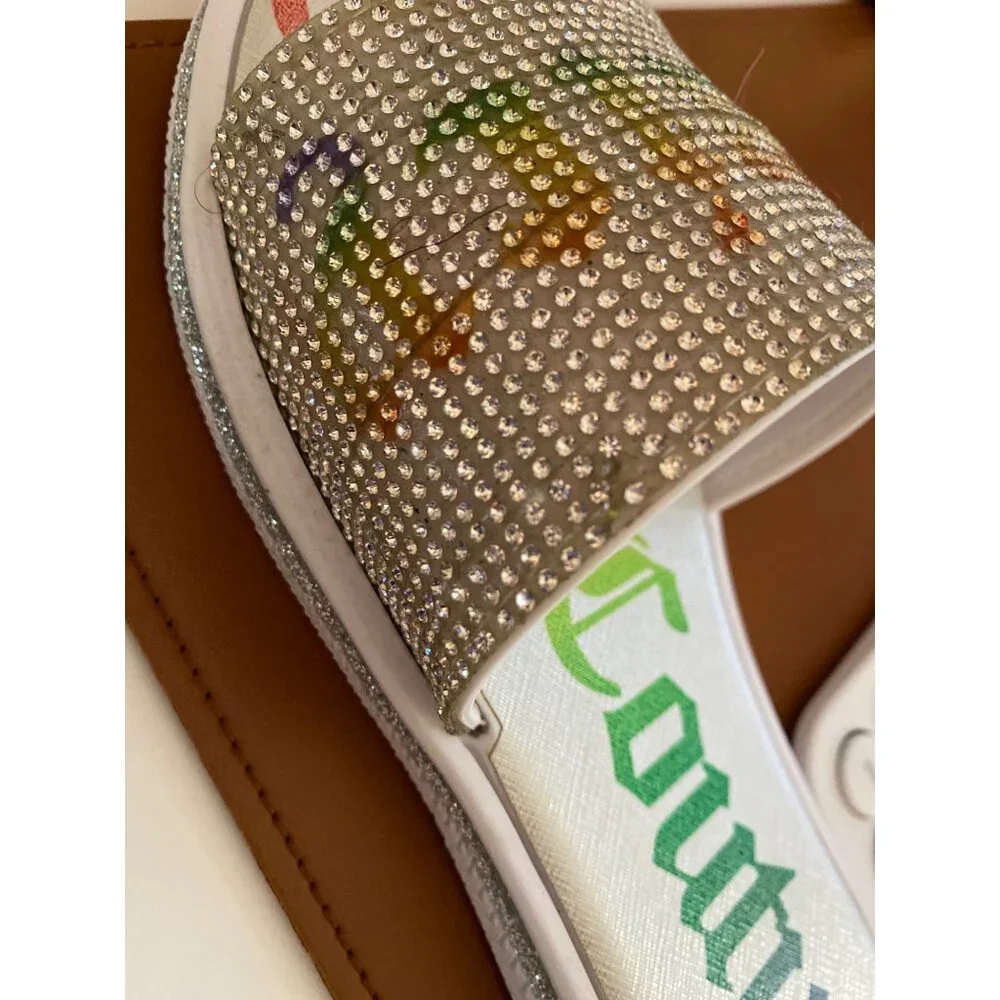 Juicy Couture Crystal Slip-On Slides Women Size 7 Clear Rainbow Sandal Flats Y2K